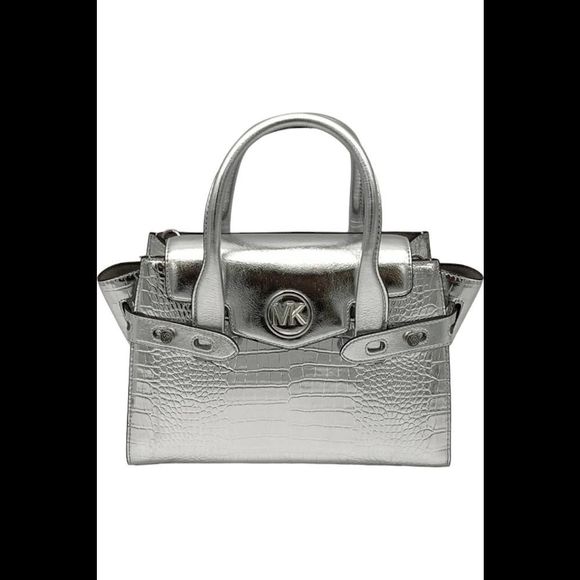 Michael Kors Carmen MD Metallic Crocodile Embossed Satchel Silver - Picture 1 of 3